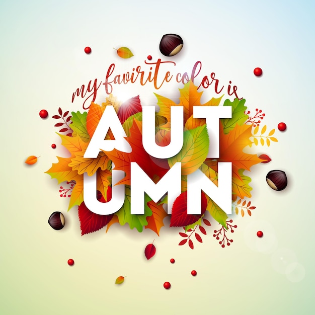 Vector ilustración de otoño con coloridas hojas caídas castaño y letras sobre fondo claro otoñal ...