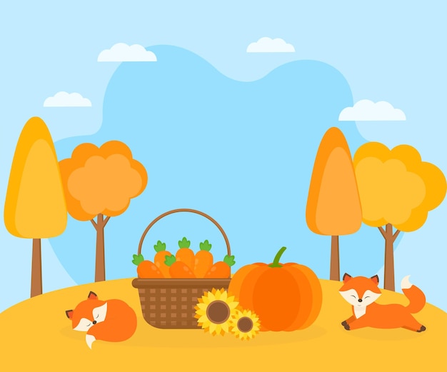 Vector ilustración de otoño con cosecha y lindos zorros.