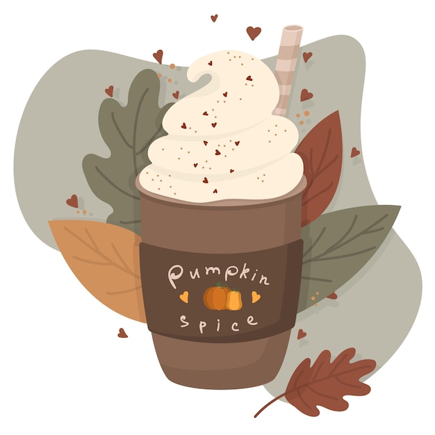 Ilustración de otoño con latte de especias de calabaza con crema batida tarjeta de salud de temporada de bebida.