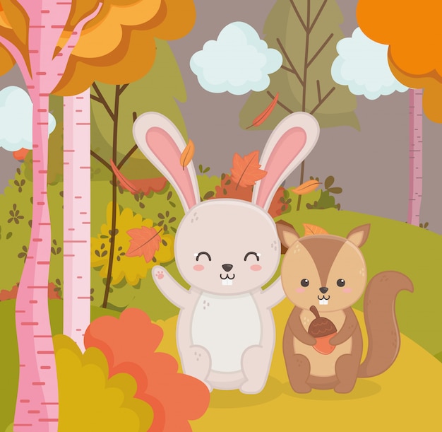 Ilustración de otoño de lindo conejo y ardilla con bosque de bellotas