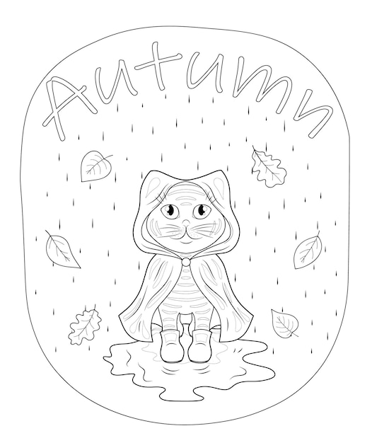 Vector ilustración de otoño con un lindo gato de dibujos animados bajo la lluvia para colorear, pintar e imprimir