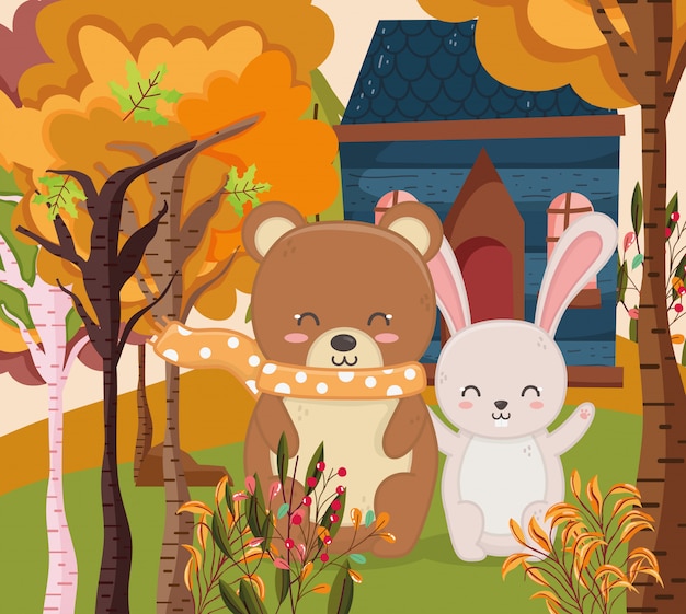 Vector ilustración de otoño de lindo oso y conejo bosque cabaña