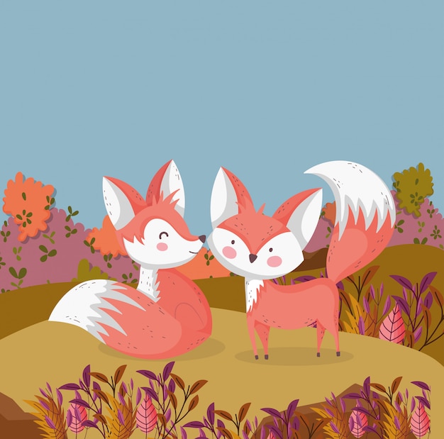 Ilustración de otoño de lindos zorros en el campo