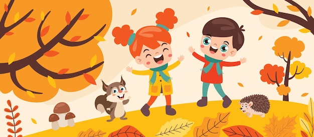 Ilustración de otoño con niños de dibujos animados