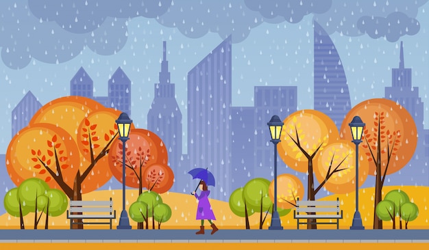 Ilustración de otoño parque público de la ciudad. clima frío y lluvioso con una niña caminando sola