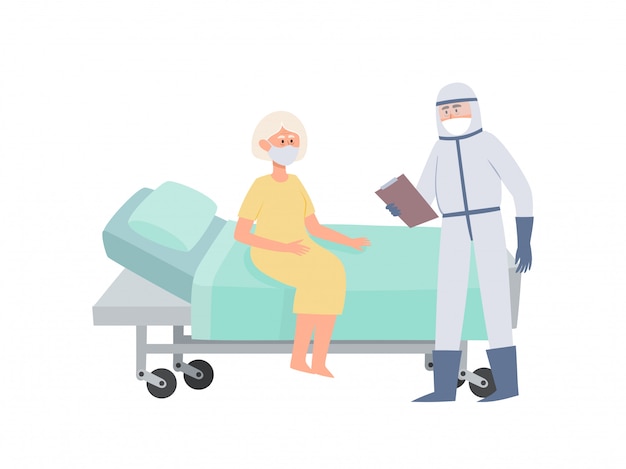 Ilustración de paciente y médico en ropa de prevención aislado en blanco. Trabajador médico permanente en máscaras de prevención del coronavirus que apoya a una anciana enferma