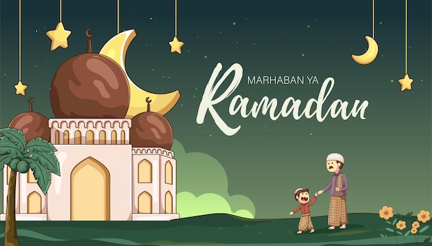 Ilustración de padre e hijo caminaron a la mezquita para realizar Taraweh en el mes de Ramadán Vector Illustrati