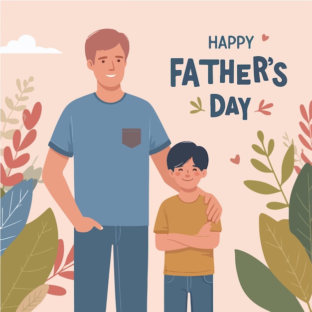 Ilustración de padre e hijo con el texto Feliz Día del Padre en estilo de diseño plano