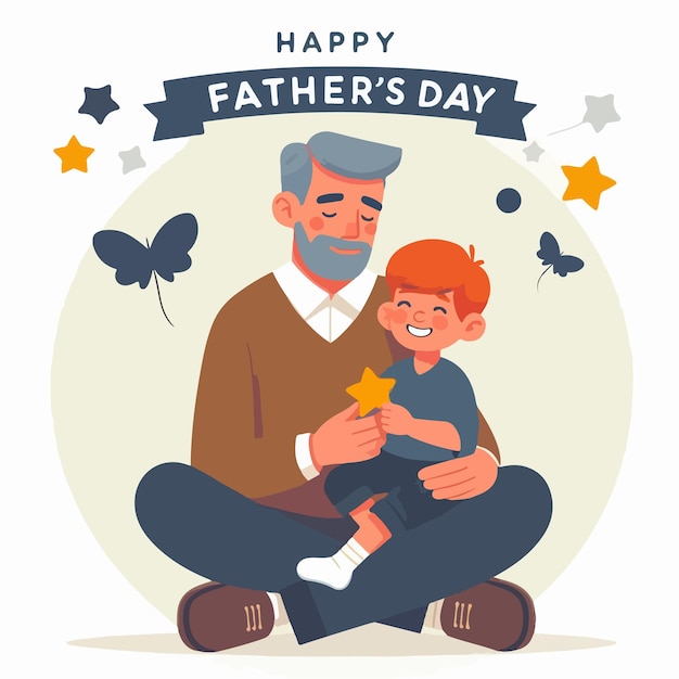 Ilustración de padre e hijo con el texto feliz día del padre en estilo de diseño plano