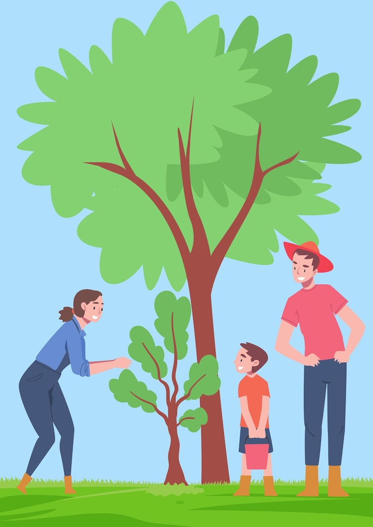 Vector ilustración de un padre y una madre que invitan a su hijo a plantar un árbol juntos