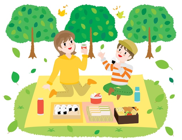 Ilustración del padre y el niño haciendo picnic