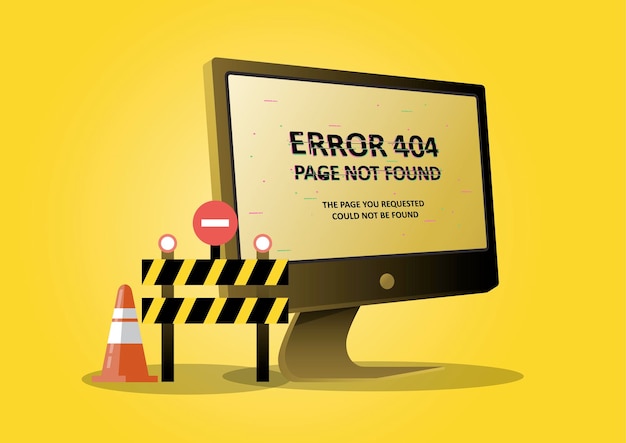 Vector una ilustración para la página 404 error con una computadora de escritorio y un letrero prohibido. la página se perdió y no se encontró el mensaje.