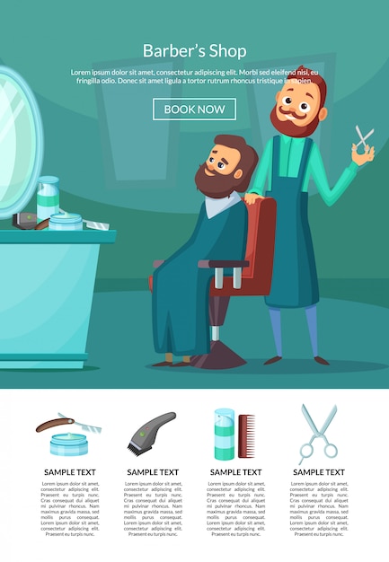 Ilustración de página de aterrizaje con barbero haciendo un corte de pelo a un cliente insalonwith mesa y espejo