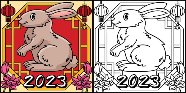 Ilustración de la página para colorear del año 2023 del conejo