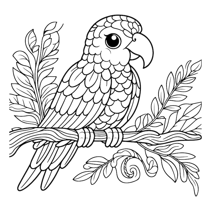 Vector una ilustración de página de colorear de arte de línea de loro para niños
