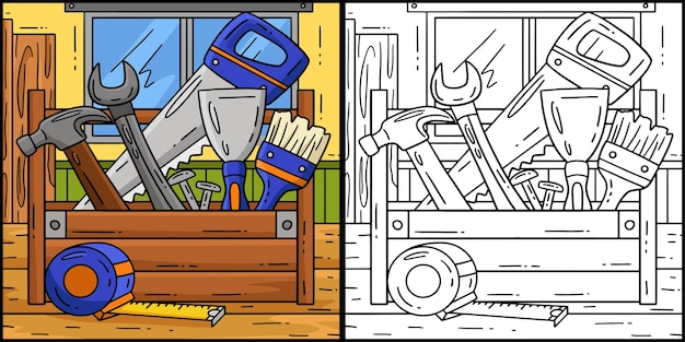 Ilustración de la página de colorear de la caja de herramientas de construcción