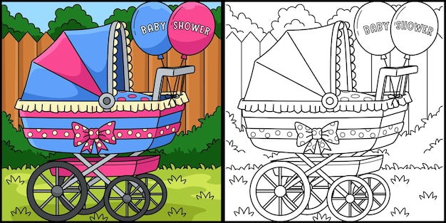 Ilustración de la página de colorear del cochecito de la ducha del bebé