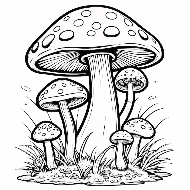 Ilustración de página de colorear contorno de hongo para niños y adultos