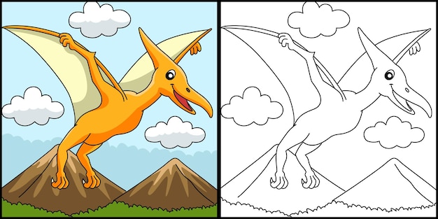 Ilustración de página para colorear de dinosaurio pterodáctilo