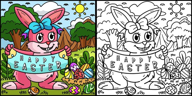 Ilustración de página para colorear de feliz conejito de Pascua