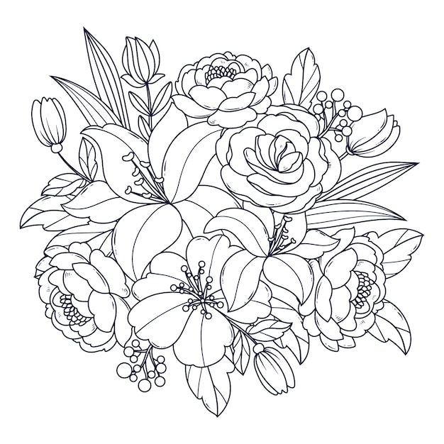 Ilustración de página de colorear de flores dibujadas a mano