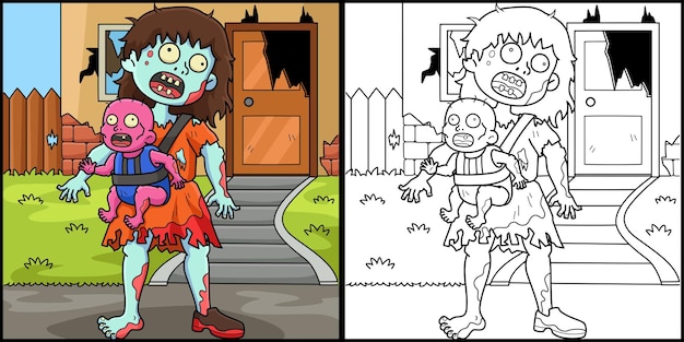Ilustración de la página de colorear Madre y Hijo Zombie