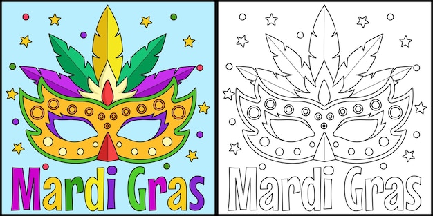 Ilustración de página para colorear de máscara de bufón de Mardi Gras
