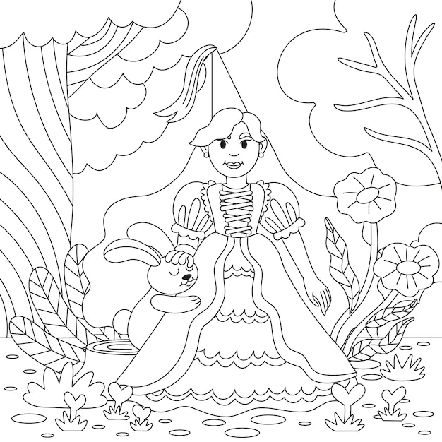 Ilustración de la página de colorear de la princesa dibujada a mano