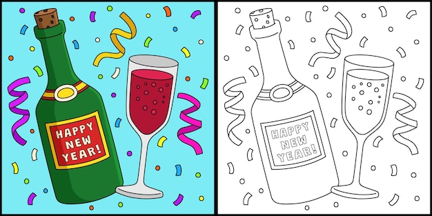 Ilustración de página para colorear de vino de feliz año nuevo