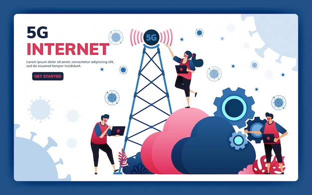 Ilustración de la página de destino de la infraestructura 5g y las conexiones de red de internet para actividades y trabajo durante covid-19