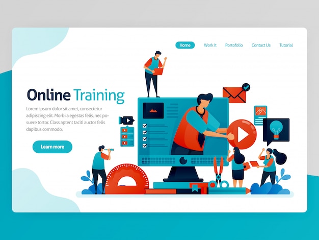 Ilustración para la página de inicio de entrenamiento en línea. Aplicaciones web y de aprendizaje. Educación moderna, educación a distancia y elearning. Cursos interactivos y tutoría