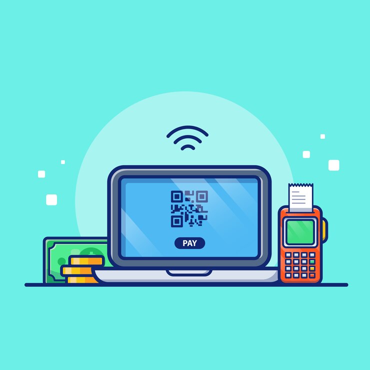 Vector ilustración de pago en línea. laptop bank y dinero.