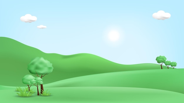 Vector ilustración de paisaje 3d con árboles 3d, nubes y sol.