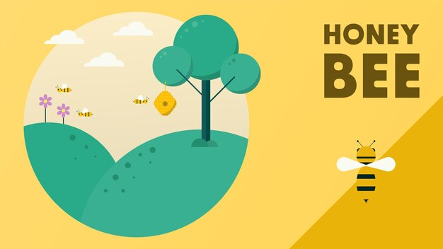 Ilustración de paisaje de abejas de miel con un árbol una colmena de abejas flores y nubes