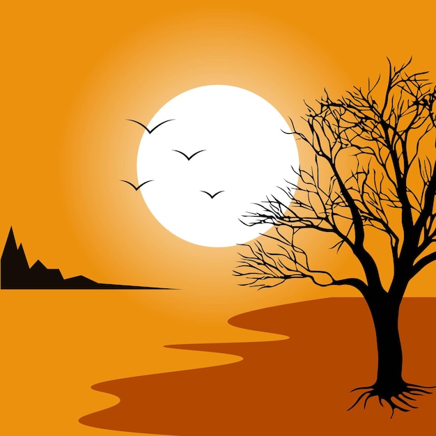Una ilustración del paisaje del amanecer de un río con un hermoso árbol