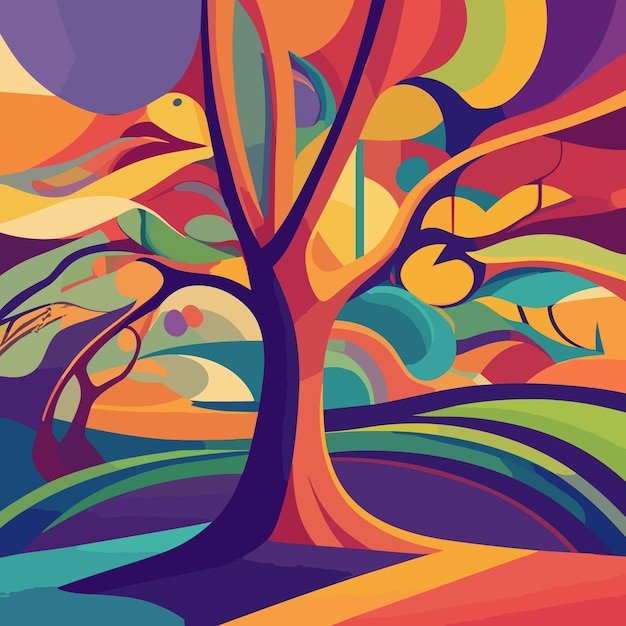 Ilustración de paisaje de arte vectorial de árbol