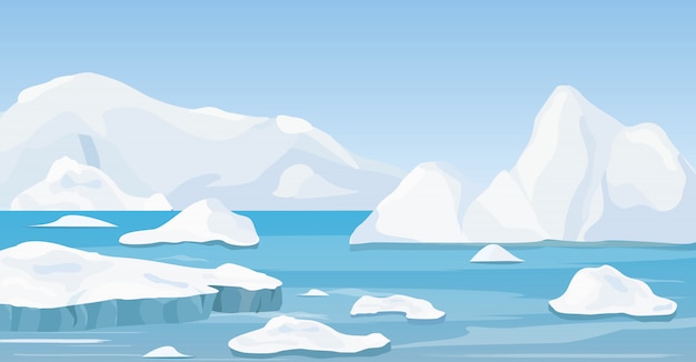 Ilustración del paisaje ártico de invierno de naturaleza de dibujos animados con iceberg, agua pura azul y colinas de nieve, montañas.