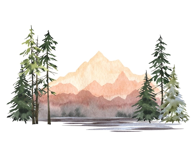 Ilustración de paisaje de bosque de montaña acuarela