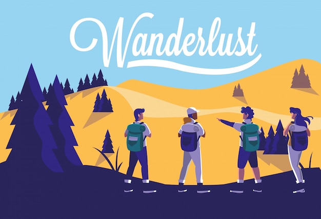 Ilustración paisaje bosque con viajeros wanderlust