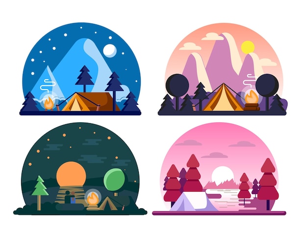 Ilustración de paisaje de camping plano