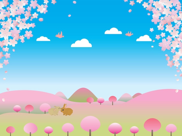 Ilustración del paisaje de los cerezos en flor en el bosque del pueblo de primavera