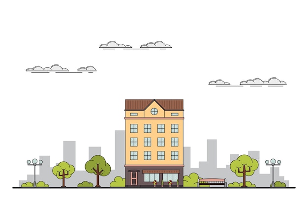 Ilustración de un paisaje de la ciudad con casa, árboles, farola. banco y nubes.