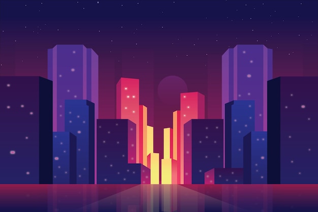 Vector ilustración de paisaje de ciudad de noche luminosa