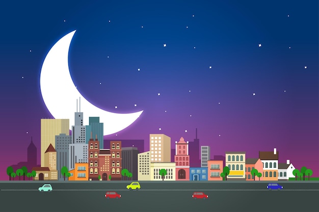 Vector ilustración de paisaje de una ciudad en la noche