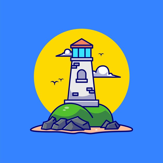 Ilustración del paisaje costero de verano del faro en la playa
