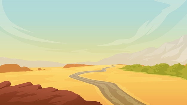 Vector ilustración del paisaje desértico caliente con cordillera y carretera