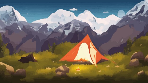 Ilustración de paisaje de día soleado en estilo plano con tiendas de campaña, fuego de campamento, montañas, bandera de agua forestal