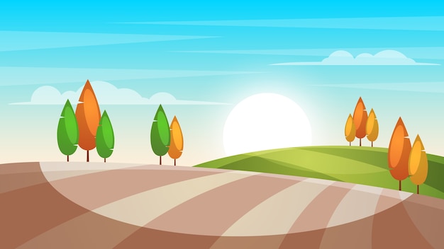 Vector ilustración de paisaje de dibujos animados. árbol, sol, campo.