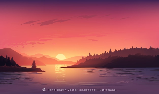 Ilustración de paisaje horizontal pintado a mano de montañas y mar al atardecer o al amanecer