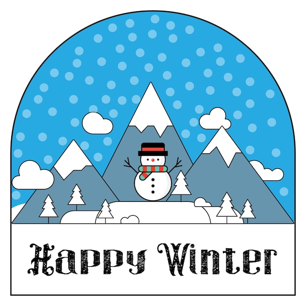 Ilustración de paisaje de invierno feliz con muñeco de nieve y colina para diseño de camiseta